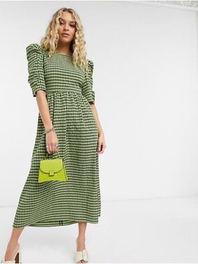 🧺 Adorable TOP SHOP Bright Green and Black Checked Crossback Picnic Dress 💐